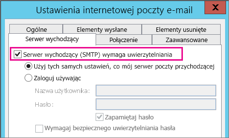 Wybierz pozycję Mój serwer poczty wychodzącej wymaga uwierzytelniania.