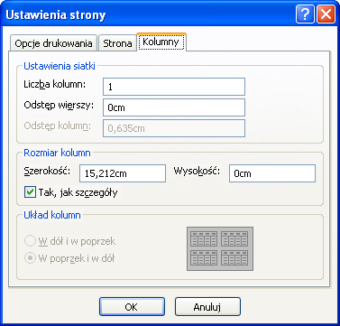 Karta Kolumny w oknie dialogowym Ustawienia strony