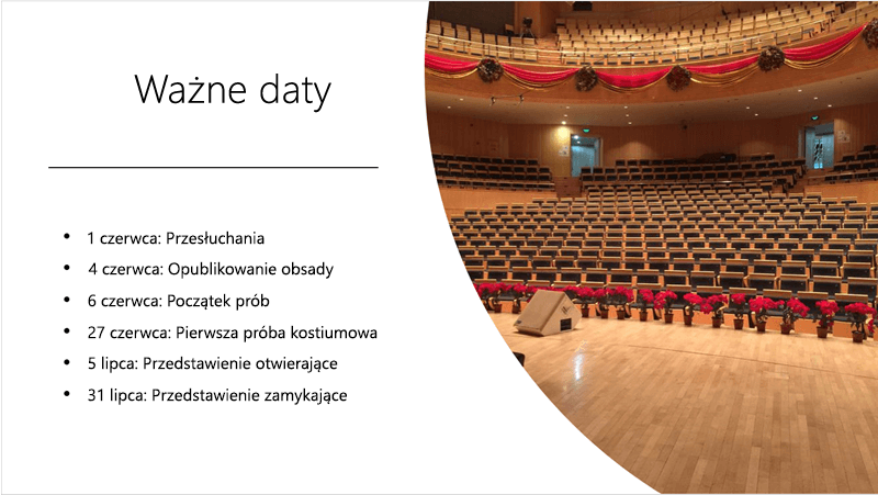 Przykładowy slajd przedstawiający tekstową oś czasu i zdjęcie, które zostały rozmieszczone i ułożone przez element Pomysły dotyczące projektu.