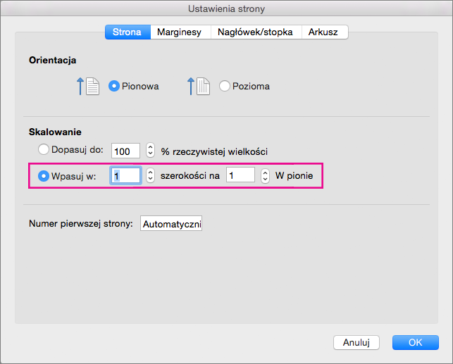Okno dialogowe Ustawienia strony z wybraną pozycją Wpasuj w