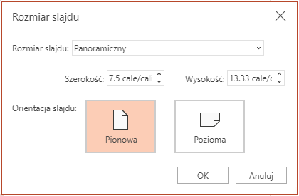 W oknie dialogowym Rozmiar slajdu możesz wybrać standardowe lub panoramiczne proporcje ekranu oraz zmienić orientację z poziomej na pionową lub odwrotnie.