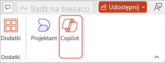 Zrzut ekranu przedstawiający przycisk Copilot w programie PowerPoint w menu wstążki