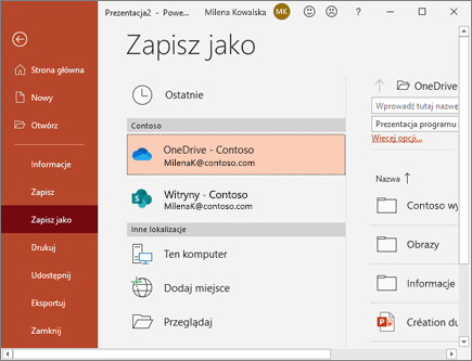 Zapisywanie pliku programu PowerPoint w usłudze OneDrive