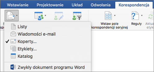 Na karcie Korespondencja wybierz z listy Rozpocznij korespondencję seryjną pozycję Koperty