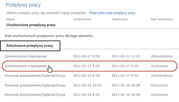Lista Zakończone przepływy pracy na stronie Przepływy pracy dla elementu
