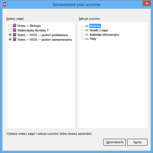 Wybierz sekcje Notesy zajęć i notesy, które chcesz przejrzeć.
