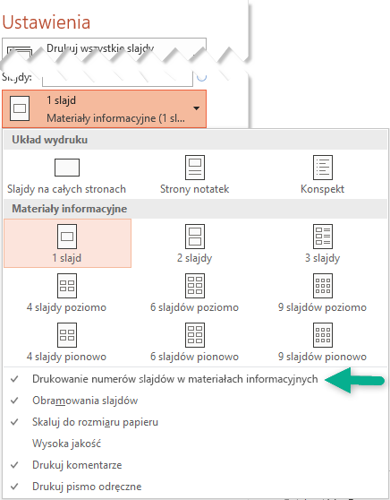 Drukuj numery slajdów w materiałach informacyjnych.