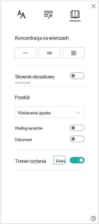 Zrzut ekranu przedstawiający okienko preferencji czytania czytnika immersyjnego z opcjami koncentracji na wierszach, słownikiem obrazów, tłumaczeniem i trenerem czytania.