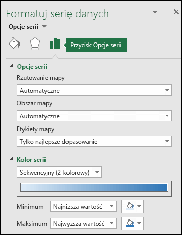 Wykres mapy w programie Excel — opcje serii w okienku zadań formatowania obiektu