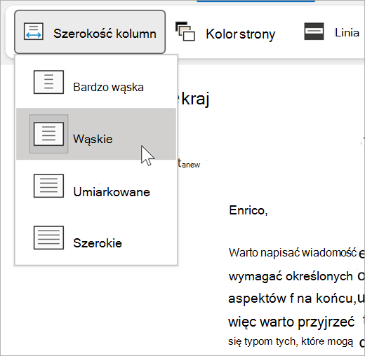 zrzut ekranu przedstawiający listę rozwijaną szerokości kolumny dla czytnika immersyjnego, opcje są bardzo wąskie, wąskie, umiarkowane, szerokie