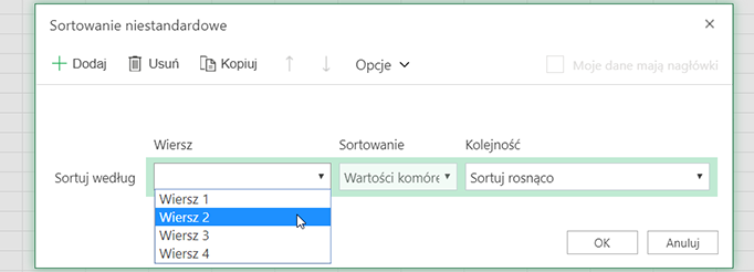 Lista rozwijana wierszy w niestandardowym oknie dialogowym Sortowanie jest otwarta podczas wybierania opcji Sortowanie od lewej do prawej