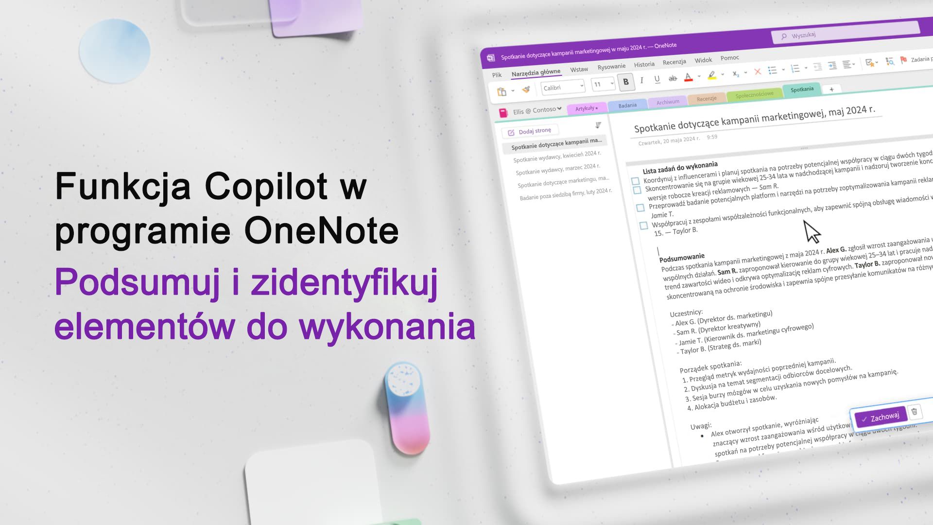 Klip wideo: podsumowywanie i identyfikowanie elementów do wykonania za pomocą rozwiązania Copilot w programie OneNote