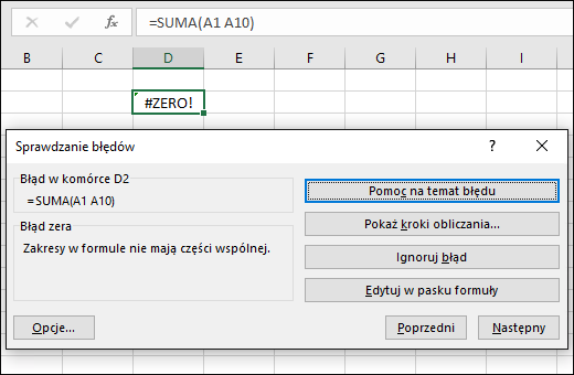 Przenoszenie okna dialogowego Sprawdzanie błędów poniżej paska formuły