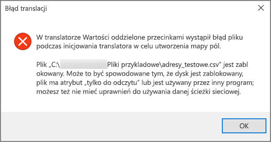 Jest to komunikat o błędzie, który zostanie wyświetlony, jeśli plik .csv ma nieprawidłowo sformatowane dane.