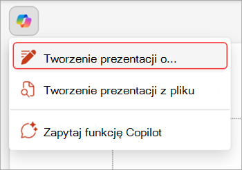 Zrzut ekranu przedstawiający przycisk funkcji Copilot powyżej slajdu programu PowerPoint.