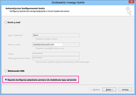 Wybierz pozycję ręcznie Konfiguruj ustawienia serwera lub dodatkowe typy usług.