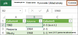 Zaznaczanie komórki w zapytaniu w celu ujawnienia karty Zapytanie