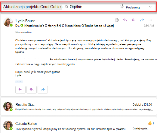 Kliknij pozycję Podsumuj, aby uzyskać podsumowanie wątku wiadomości e-mail utworzone przez funkcję Copilot.