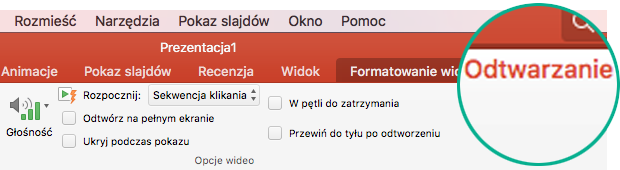 Po zaznaczeniu klipu wideo na slajdzie zostanie wyświetlona karta Odtwarzanie na wstążce z paskiem narzędzi, która umożliwia ustawianie opcji odtwarzania wideo.