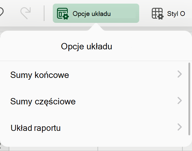 Lista rozwijana układu tabeli przestawnej na tablecie iPad.