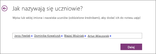 Dodaj imiona i nazwiska uczniów w notesie zajęć dla programu OneNote