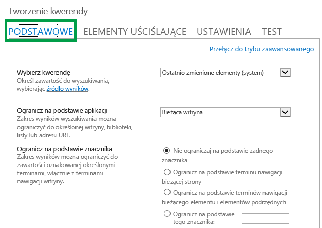 Karta PODSTAWOWE podczas konfigurowania kwerendy w składniku Web Part przeszukiwania zawartości