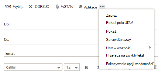 Zrzut ekranu przedstawiający opcje dostępne w poleceniu More (więcej) na pasku narzędzi wiadomości e-mail.