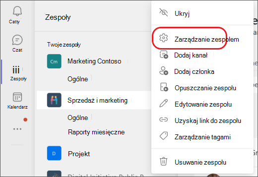 Zarządzaj zespołami w aplikacji Teams.