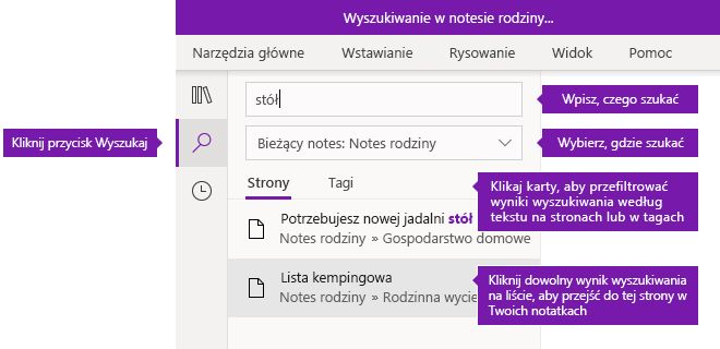 Opcje okienka wyszukiwanie w programie OneNote dla systemu Windows 10