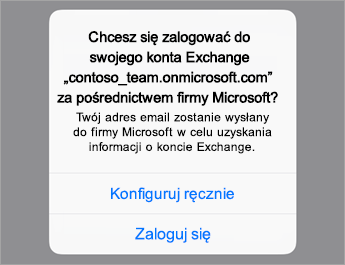 Naciśnij pozycję Zaloguj się, jeśli używasz usługi Office 365, lub naciśnij pozycję Ręcznie konfiguruj, jeśli masz ustawienia serwera organizacji.