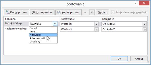 W obszarze Kolumna kliknij pozycję Sortuj według i wybierz odpowiednią opcję