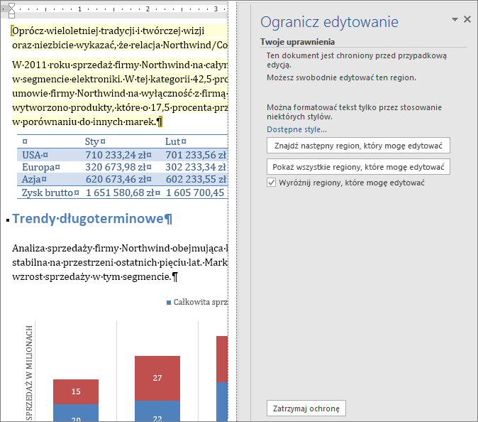 Opcje edycji wyświetlane w okienku Ogranicz edytowanie.