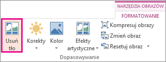 Przycisk Usuń tło dostępny w grupie Dopasowywanie na karcie Formatowanie w obszarze Narzędzia obrazów