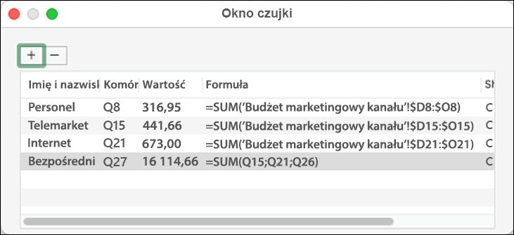 Okno wyrażeń kontrolnych w programie Excel 2021 dla komputerów Mac z wyświetloną nazwą, komórką, wartością i formułą