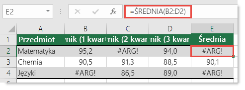 Błąd #ARG! w funkcji ŚREDNIA