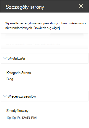 Okienko szczegółów strony z kategorią Strona blogu