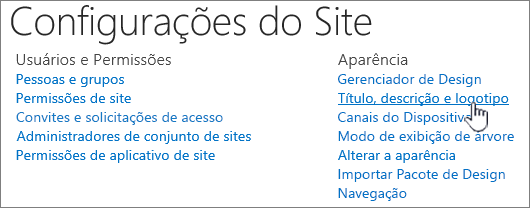 Configurações do site com Título, descrição, logotipo selecionado