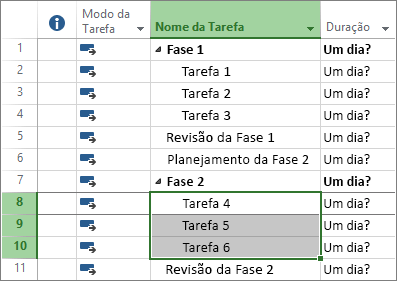 Captura de tela de tarefas de estrutura de tópicos em um plano de projeto.