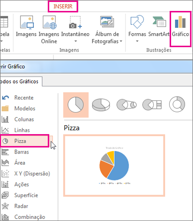 Galeria de gráficos aberta a partir da guia Inserir, botão Gráfico. Assim que a galeria abrir, escolha Pizza.