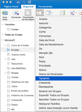 Classifique seus emails de maneiras diferentes clicando em Organizar > Organizar por > e selecionando a lista de opções