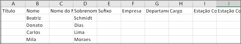 Um exemplo da aparência de um arquivo CSV depois que os contatos são exportados do Outlook