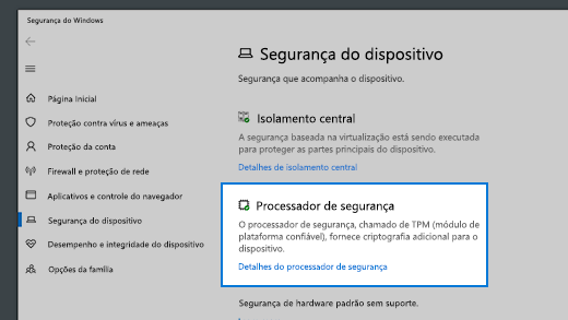 Link de detalhes do processador de segurança