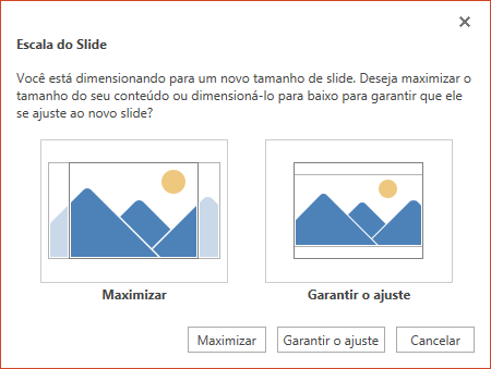 Selecione Maximizar para tirar o máximo proveito do espaço disponível ou selecione Garantir o Ajuste para garantir que seu conteúdo se ajuste à página vertical.