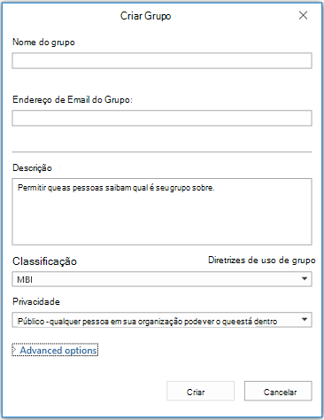 Página de informações do novo grupo no Outlook