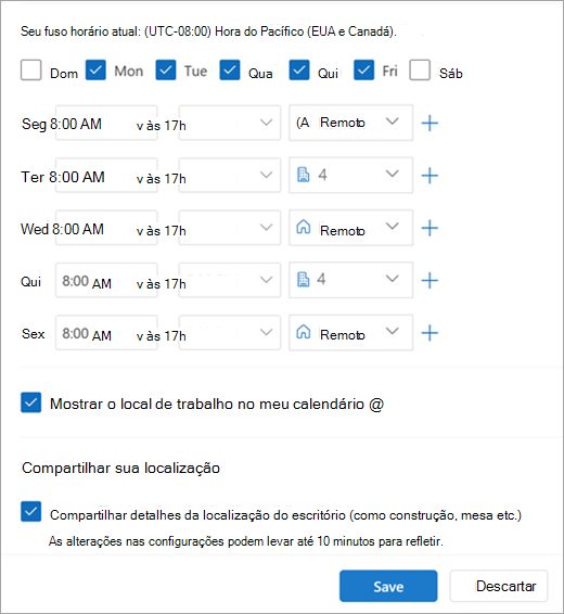 Captura de ecrã a mostrar as horas de trabalho e as localizações periódicas