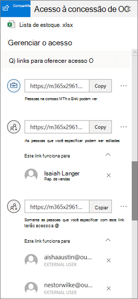 A seção Links que dão acesso ao painel Gerenciar Acesso no OneDrive for Business