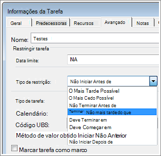 Caixa de diálogo Informações da Tarefa, menu Tipo de restrição