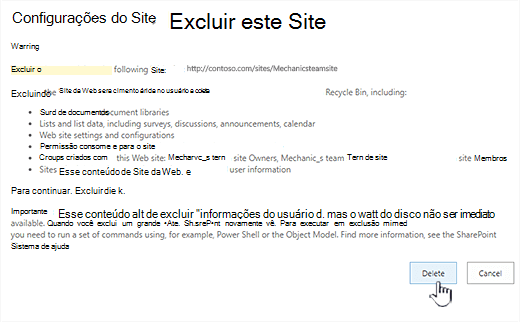 Clique em Excluir se você tiver certeza de que deseja excluir este site da equipe