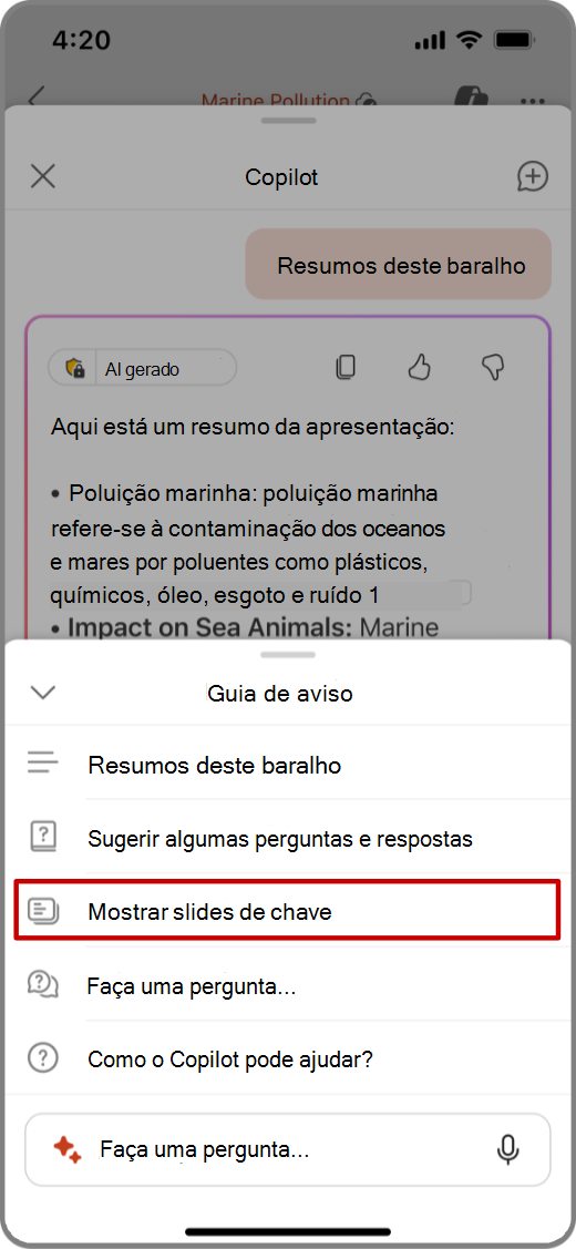 Captura de tela do Copilot no PowerPoint no dispositivo iOS com a solicitação Mostrar Slides Principais