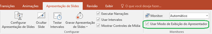 A guia Apresentação de Slides no PowerPoint tem uma caixa de seleção para controlar se o Modo de Exibição do Apresentador é usado quando você mostra uma apresentação para outras pessoas.